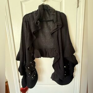 Joan Boyce Black Ruffle Wrap Shawl Floral Embellished Lightweight OS